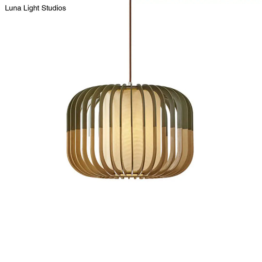 Modern Asian Bird Cage Ceiling Light - Wooden Single Pendant Lamp For Restaurants In Yellow-Green