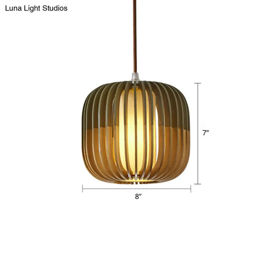 Modern Asian Bird Cage Ceiling Light - Wooden Single Pendant Lamp For Restaurants In Yellow-Green