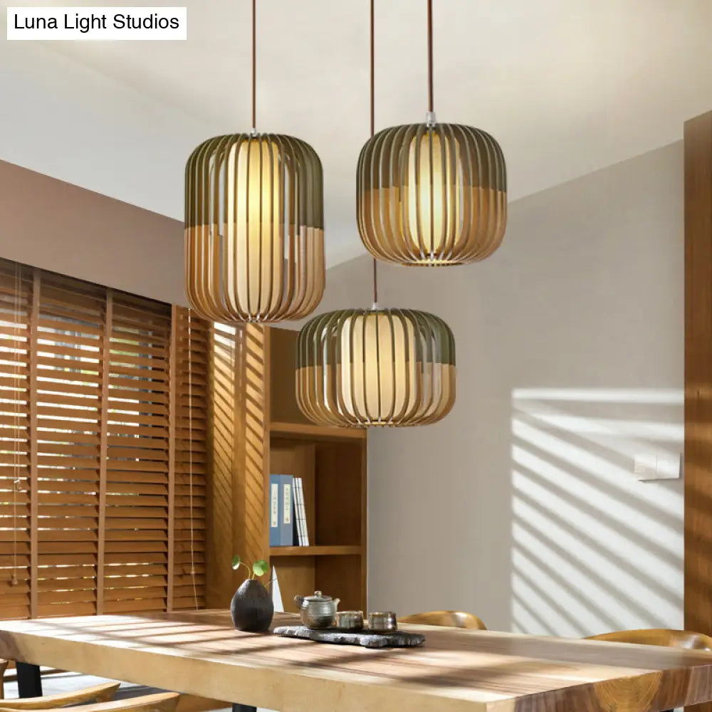 Modern Asian Bird Cage Ceiling Light - Wooden Single Pendant Lamp For Restaurants In Yellow-Green