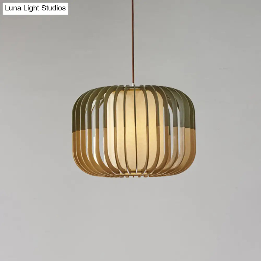 Modern Asian Bird Cage Ceiling Light - Wooden Single Pendant Lamp For Restaurants In Yellow-Green