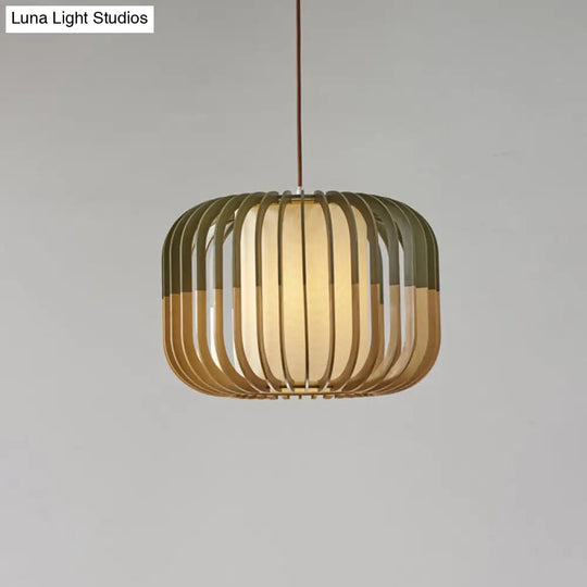 Modern Asian Bird Cage Ceiling Light - Wooden Single Pendant Lamp For Restaurants In Yellow-Green