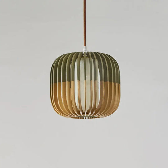 Modern Asian Bird Cage Ceiling Light - Wooden Single Pendant Lamp For Restaurants In Yellow-Green /