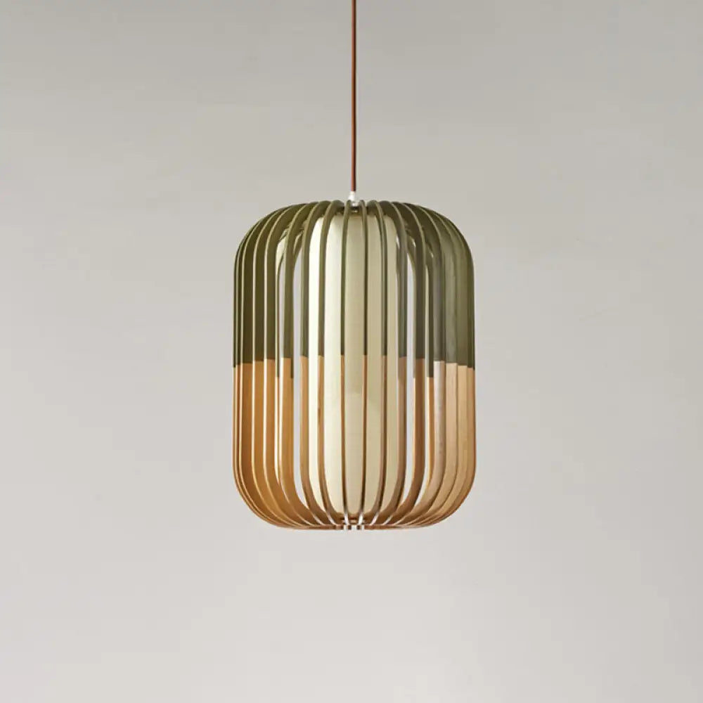 Modern Asian Bird Cage Ceiling Light - Wooden Single Pendant Lamp For Restaurants In Yellow-Green /