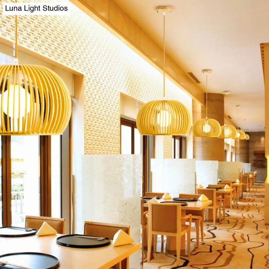 Modern Asian Pendant Light: Wooden Dome Shade For Restaurant Dining Room