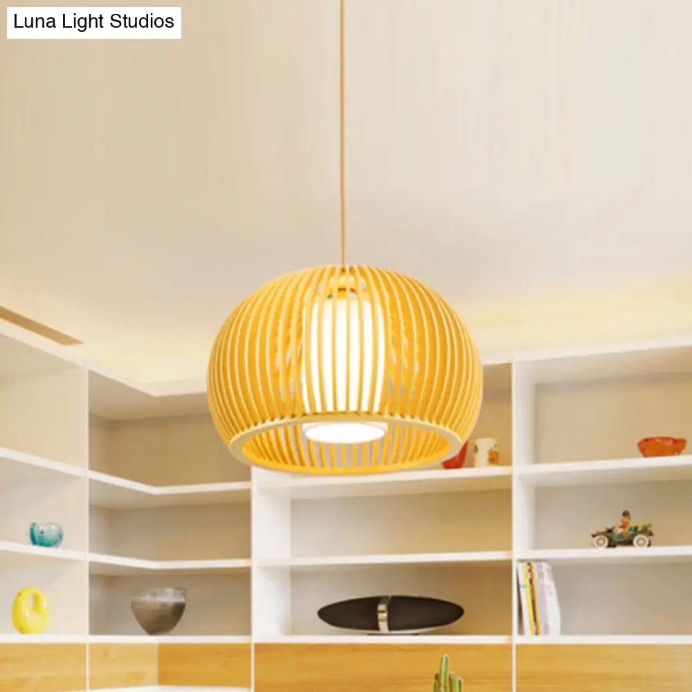 Modern Asian Pendant Light: Wooden Dome Shade For Restaurant Dining Room