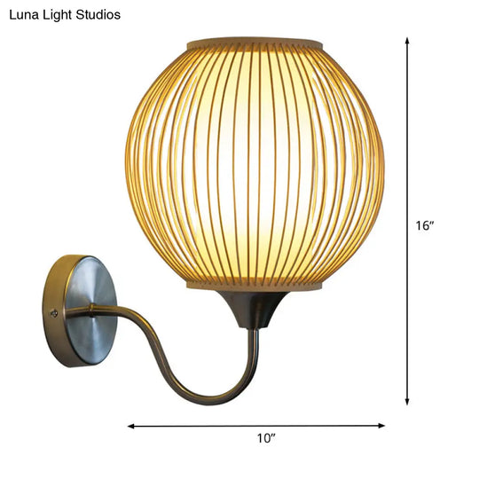 Modern Asian Style Bamboo Wall Mounted Sconce With Single Bulb Gooseneck Arm And Parchment Shade