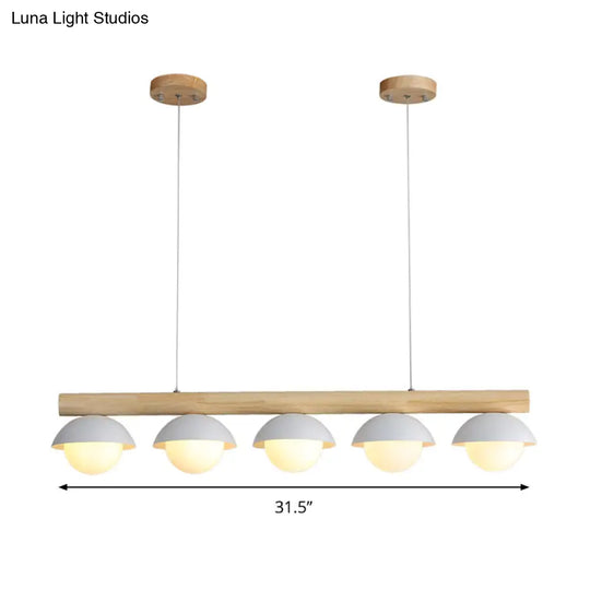 Modern Asian Style Tubular Wood Led Island Lighting - 5 Lights White Hanging Ceiling Lamp For Dining