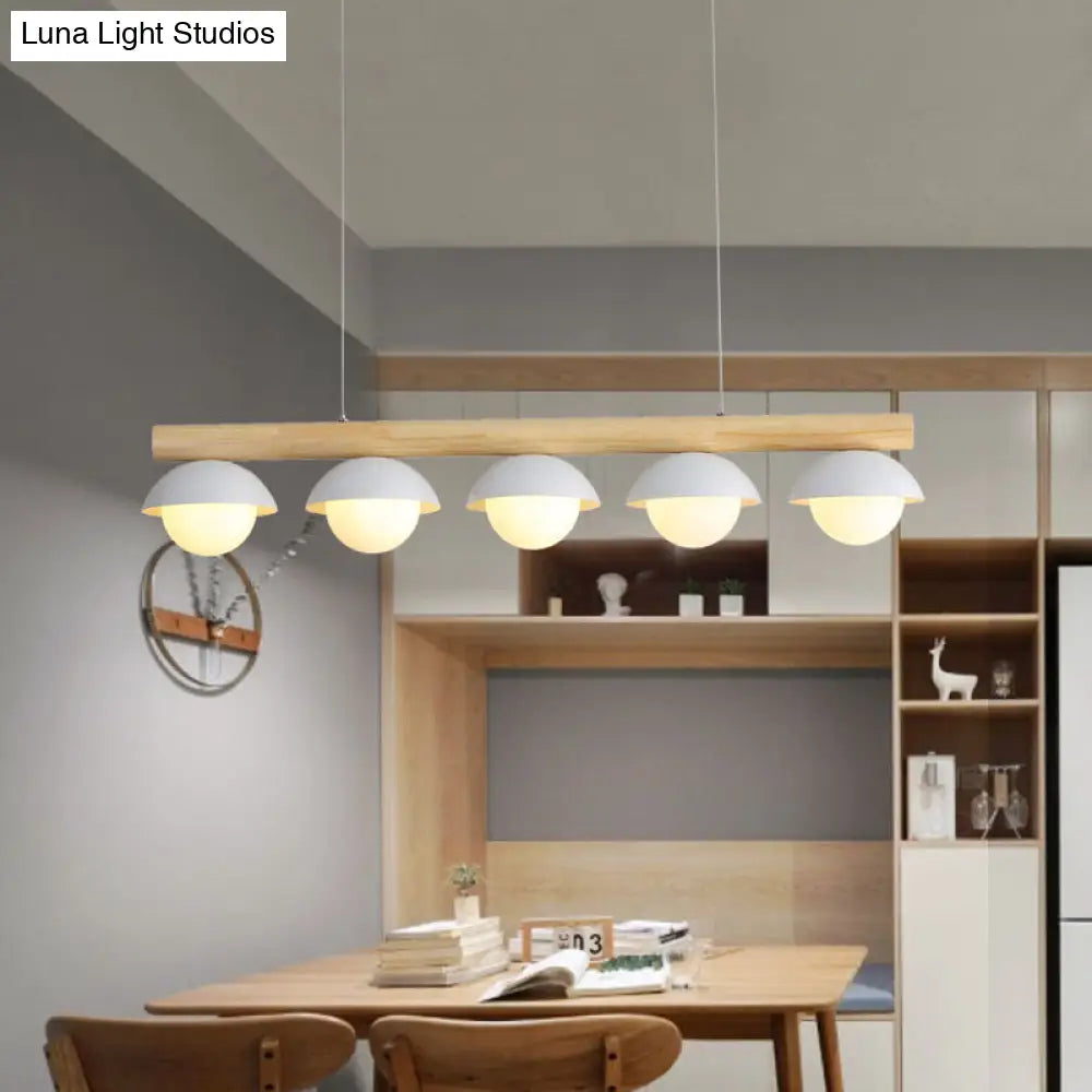 Modern Asian Style Tubular Wood Led Island Lighting - 5 Lights White Hanging Ceiling Lamp For Dining