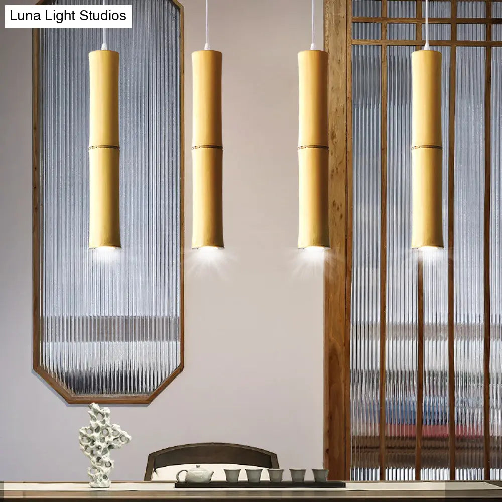 Modern Asian Wood Pendant Light With Resin Shade - Cylindrical Ceiling Lamp