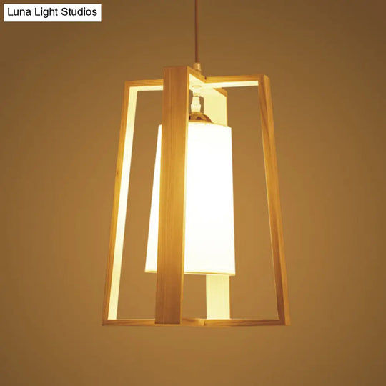 Modern Asian Wooden Pendant Light - 1-Light Cross Frame Design With Tapered Fabric Shade Ideal For