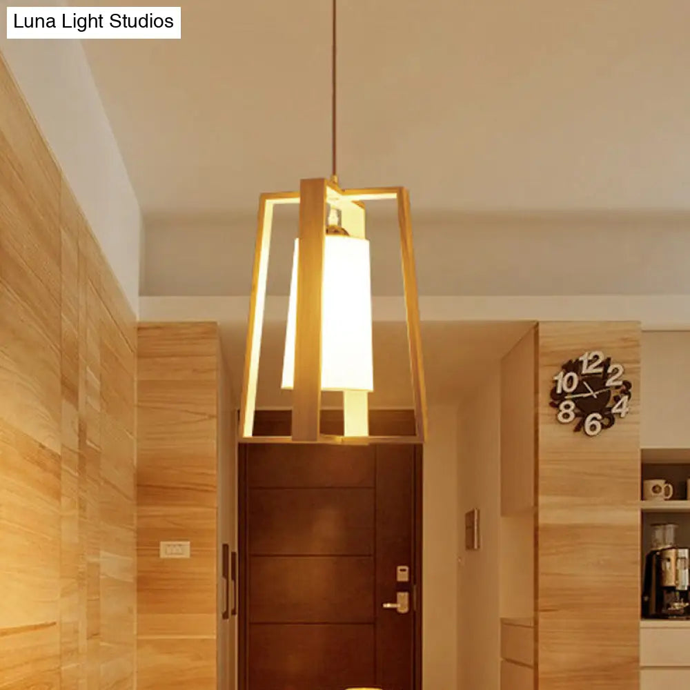 Modern Asian Wooden Pendant Light - 1-Light Cross Frame Design With Tapered Fabric Shade Ideal For