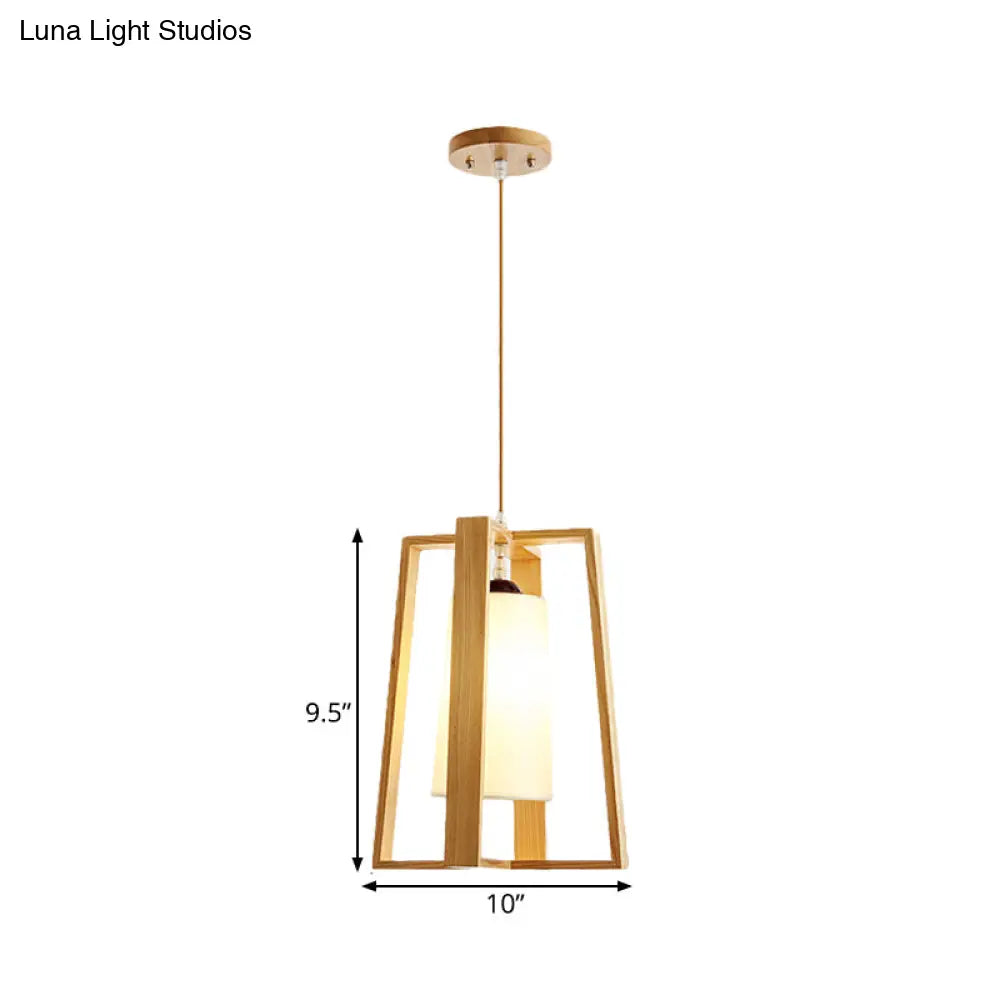 Modern Asian Wooden Pendant Light - 1-Light Cross Frame Design With Tapered Fabric Shade Ideal For