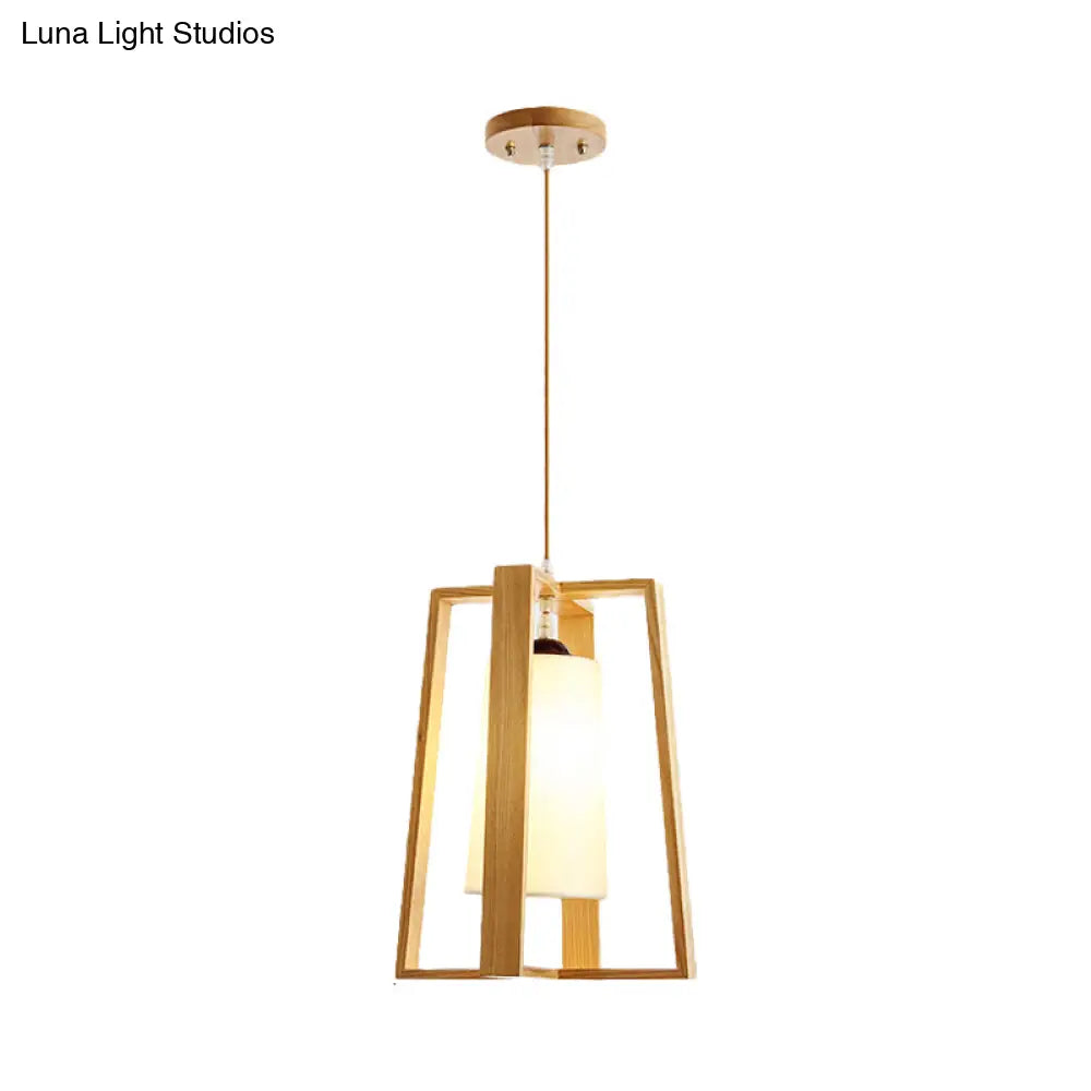 Modern Asian Wooden Pendant Light - 1-Light Cross Frame Design With Tapered Fabric Shade Ideal For