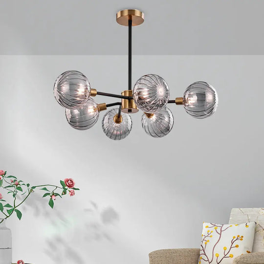 Modern Ball Chandelier Smoke Gray Glass 6 Bulbs Ceiling Suspension Lamp