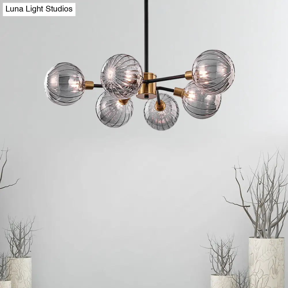 Modern Ball Chandelier Smoke Gray Glass 6 Bulbs Ceiling Suspension Lamp