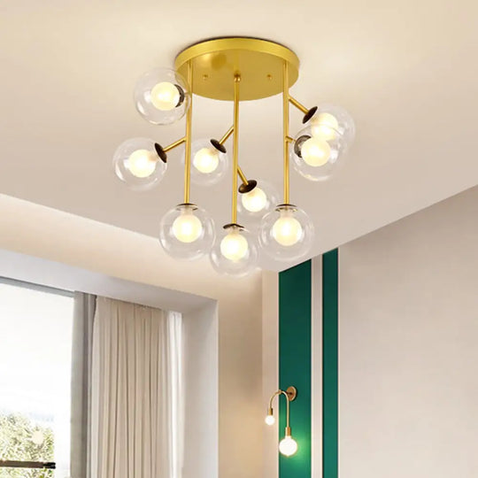 Modern Ball Semi - Mount Clear Glass Ceiling Lamp With Black/Gold Finish - 9/12 Heads Ideal For