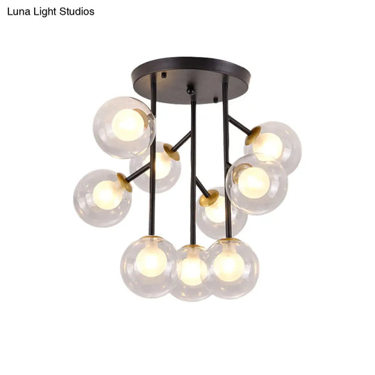 Modern Ball Semi - Mount Clear Glass Ceiling Lamp With Black/Gold Finish - 9/12 Heads Ideal For