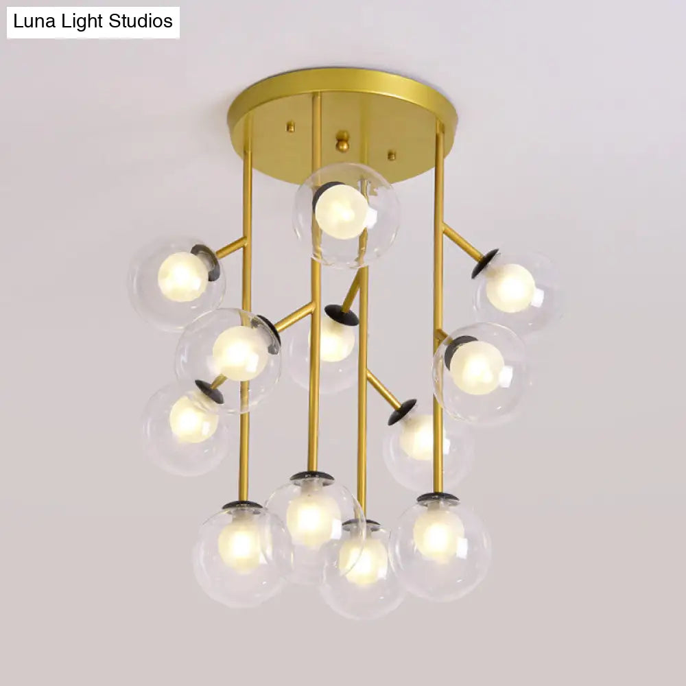 Modern Ball Semi-Mount Clear Glass Ceiling Lamp With Black/Gold Finish - 9/12 Heads Ideal For Living