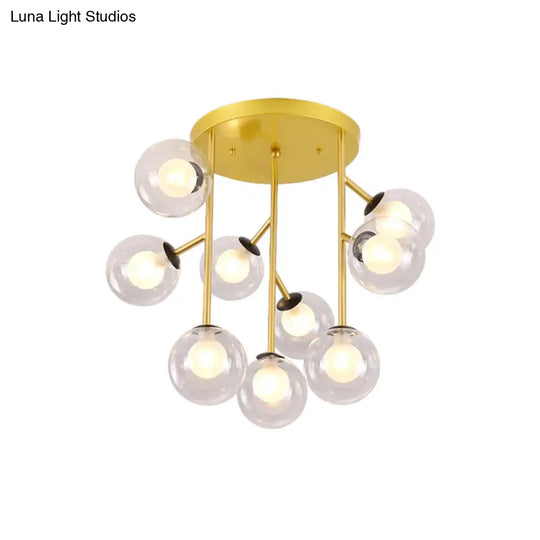 Modern Ball Semi-Mount Clear Glass Ceiling Lamp With Black/Gold Finish - 9/12 Heads Ideal For Living