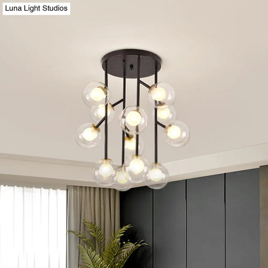 Modern Ball Semi - Mount Clear Glass Ceiling Lamp With Black/Gold Finish - 9/12 Heads Ideal For