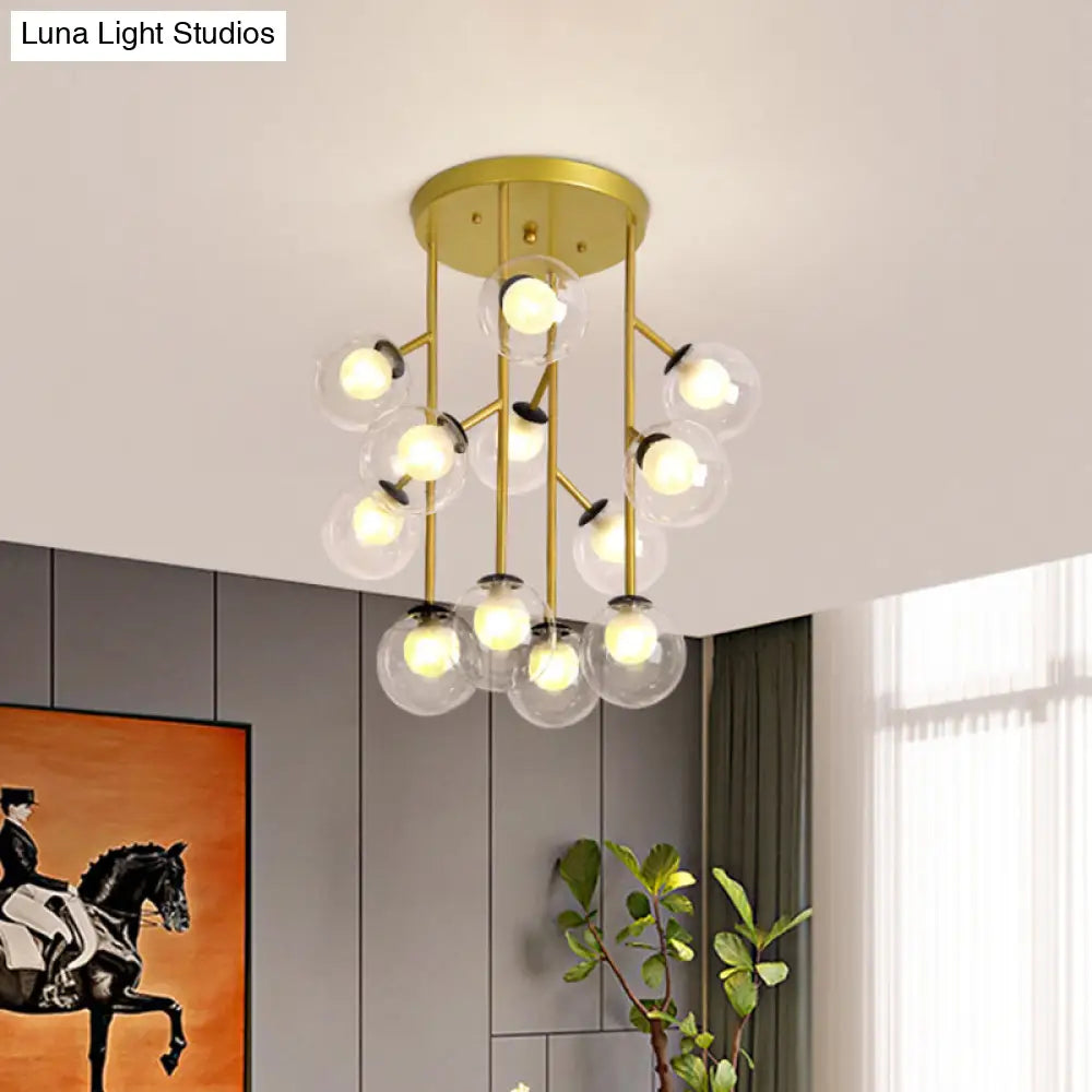 Modern Ball Semi - Mount Clear Glass Ceiling Lamp With Black/Gold Finish - 9/12 Heads Ideal For