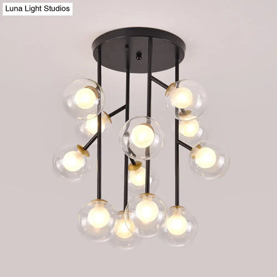 Modern Ball Semi-Mount Clear Glass Ceiling Lamp With Black/Gold Finish - 9/12 Heads Ideal For Living