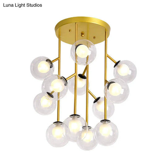 Modern Ball Semi-Mount Clear Glass Ceiling Lamp With Black/Gold Finish - 9/12 Heads Ideal For Living