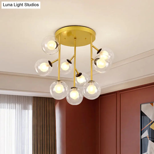 Modern Ball Semi-Mount Clear Glass Ceiling Lamp With Black/Gold Finish - 9/12 Heads Ideal For Living