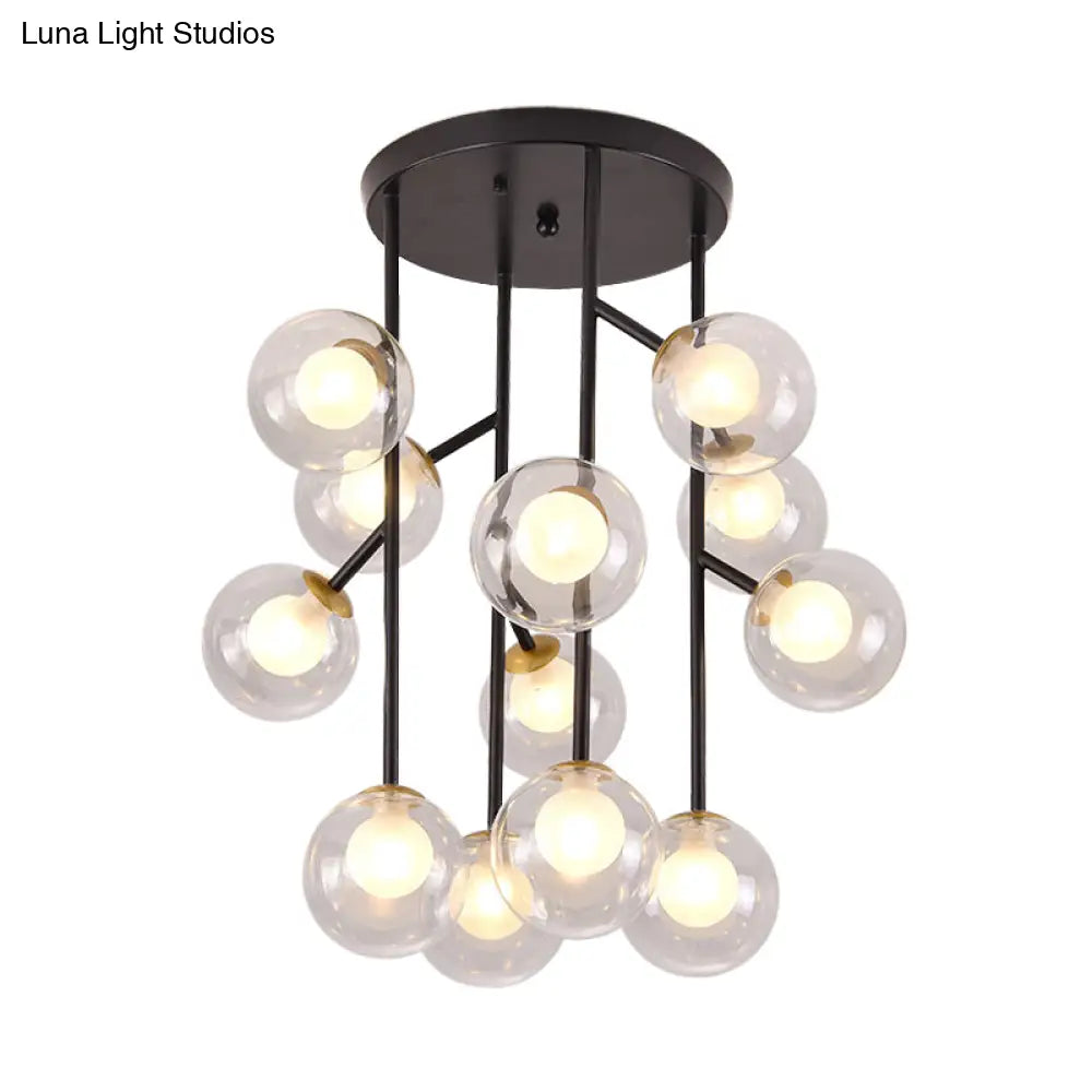Modern Ball Semi - Mount Clear Glass Ceiling Lamp With Black/Gold Finish - 9/12 Heads Ideal For