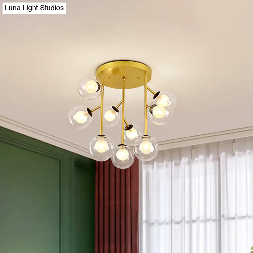 Modern Ball Semi-Mount Clear Glass Ceiling Lamp With Black/Gold Finish - 9/12 Heads Ideal For Living