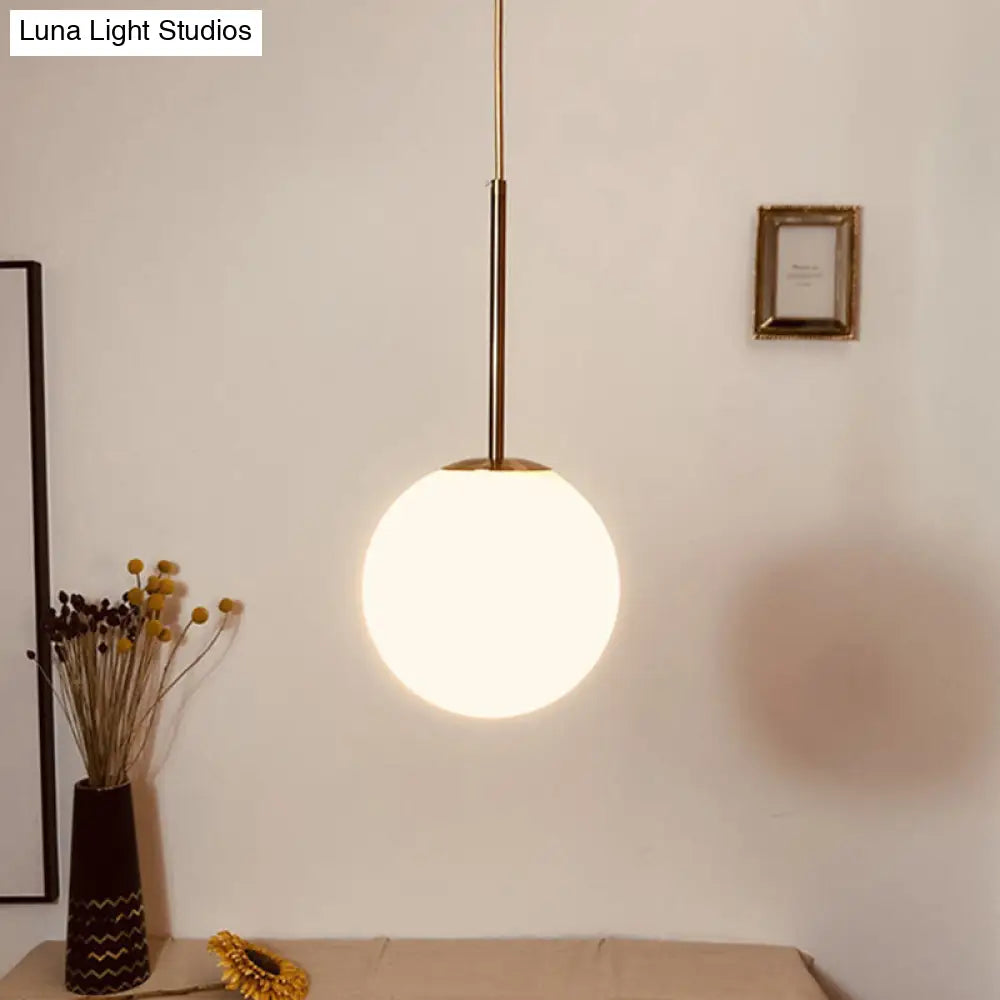 White Glass Ball Drop Pendant - 1 Light Brass Pendulum For Bedroom 6/8/10 Diameter / 6