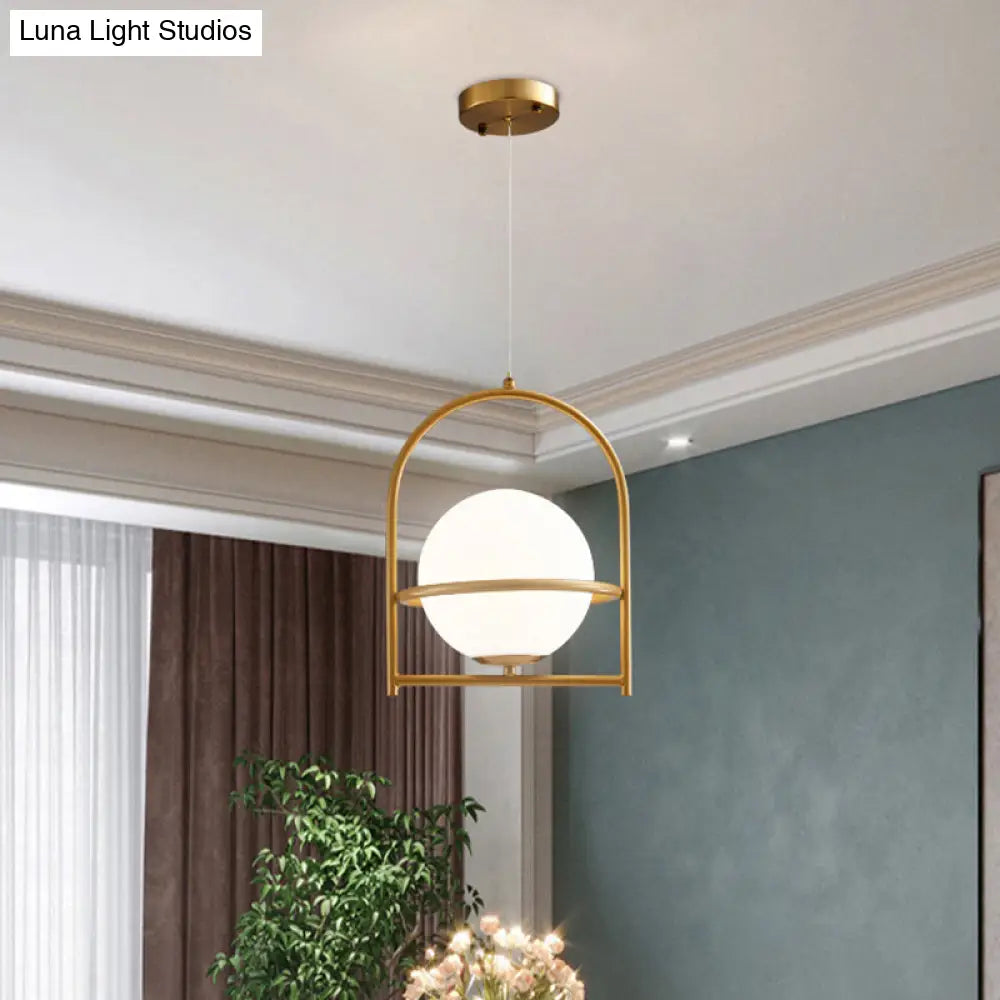 Opal Glass Ball Light With Birdcage Design - Modern Ceiling Fixture For Bedside Black/Gold 9/11