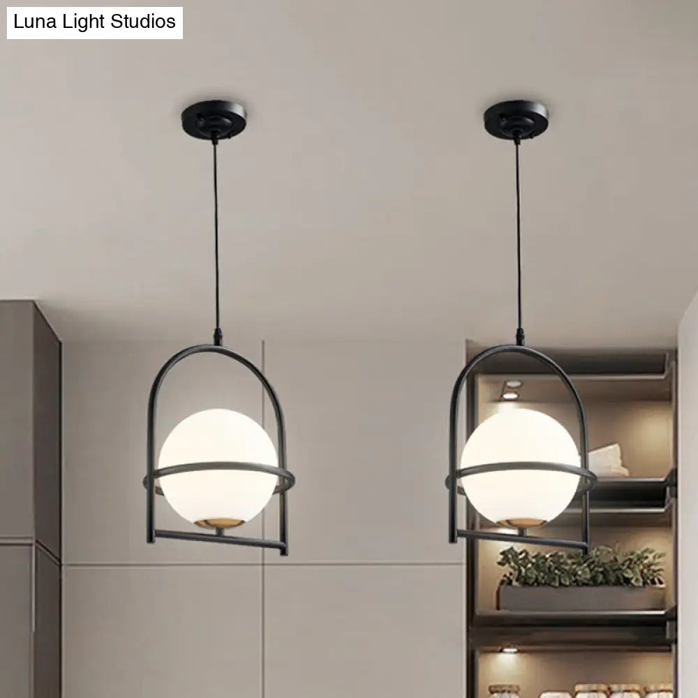 Modern Ball Suspension Light With Birdcage Design Opal Glass 1 Bulb 9’/11’ Wide Bedside Ceiling