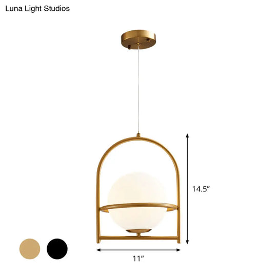 Opal Glass Ball Light With Birdcage Design - Modern Ceiling Fixture For Bedside Black/Gold 9/11