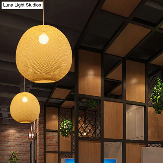 Bamboo Modern Ball Ceiling Lamp In Beige - 1 Light Pendant For Restaurant 3 Sizes Available / 14