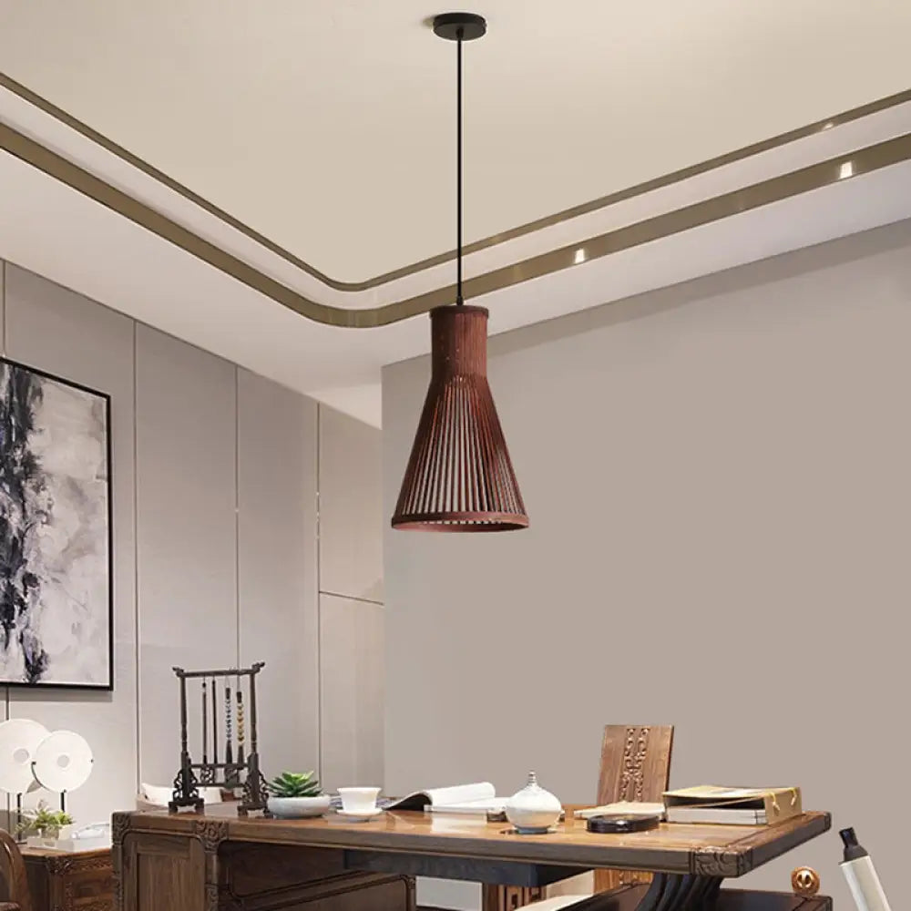 Modern Bamboo Cone Pendant Light Fixture - 16’/18’/23.5’ H 1 Beige/Brown Dining Room Lighting