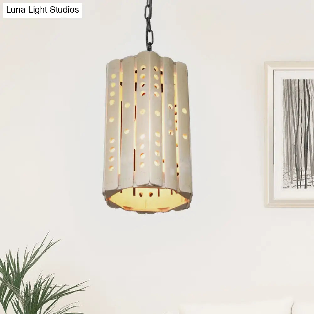 Modern Bamboo Cylinder Pendant Light | Single Bulb Suspension Lamp In Beige