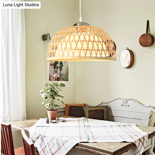 Contemporary Bamboo Dome Pendant Light Fixture For Dining Room - 1 Bulb Hanging Wood Lighting