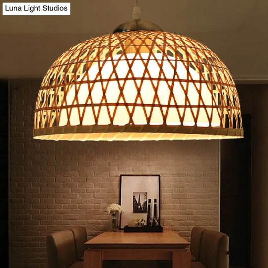 Contemporary Bamboo Dome Pendant Light Fixture For Dining Room - 1 Bulb Hanging Wood Lighting