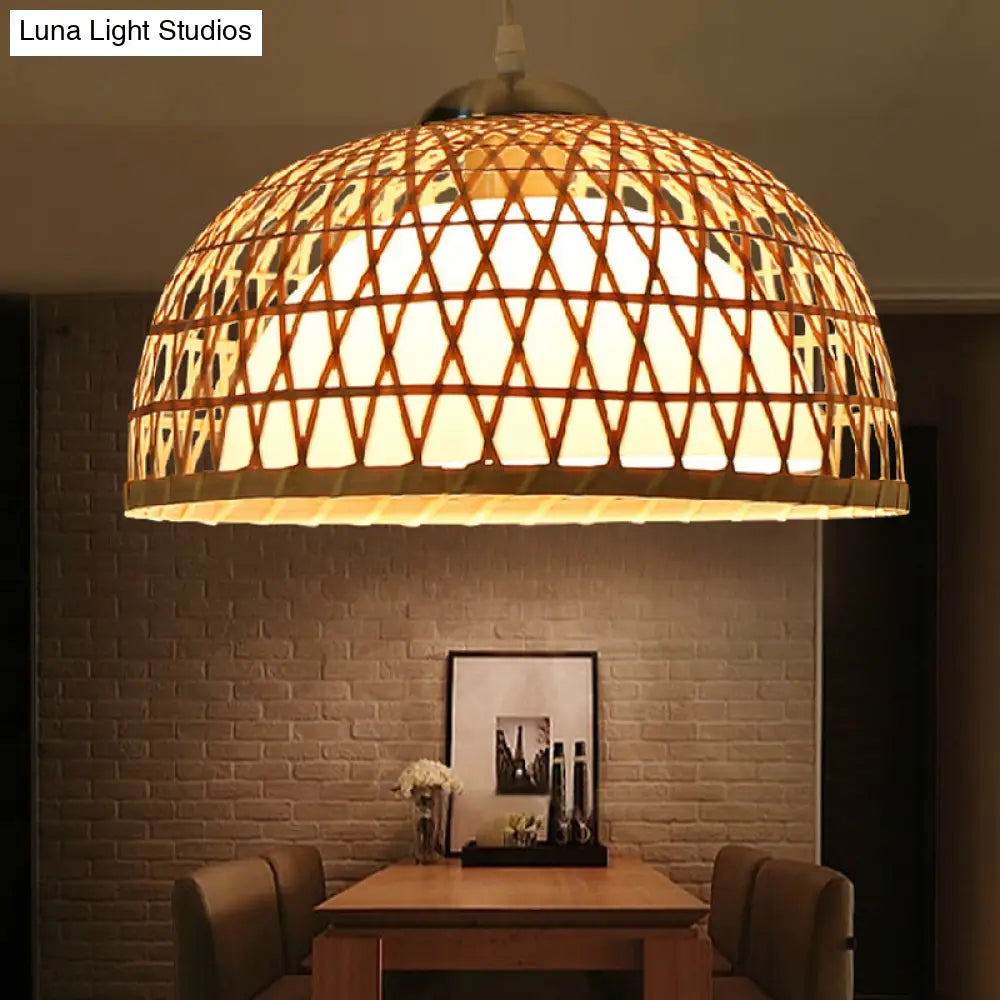 Modern Bamboo Dome Pendant Light Fixture For Dining Room With 1 Bulb