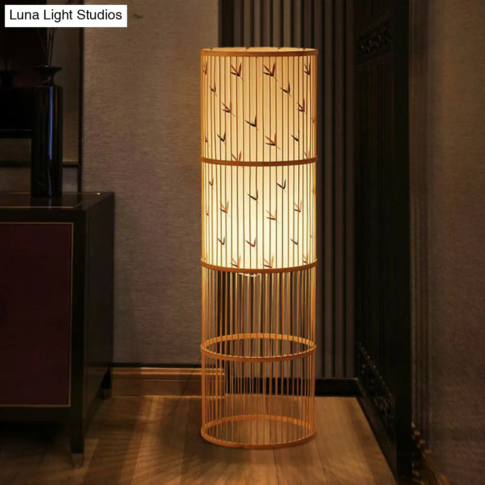 Modern Bamboo Floor Lamp - Single Cylindrical Standing Light For Living Room