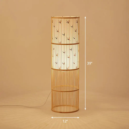 Modern Bamboo Floor Lamp - Single Cylindrical Standing Light For Living Room Wood