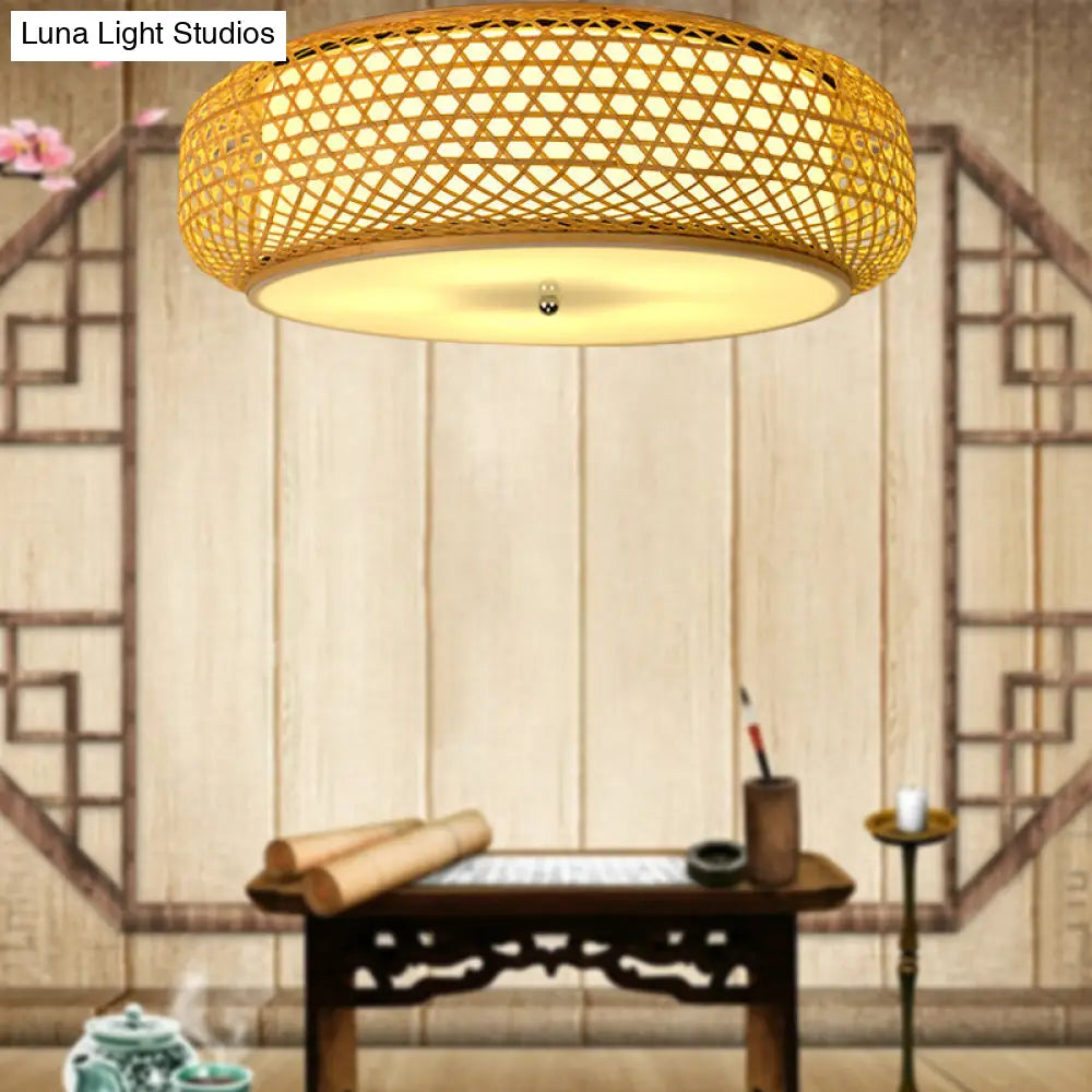 Modern Bamboo Flush Mount Ceiling Light Fixture For Dining Room - Wood Finish
