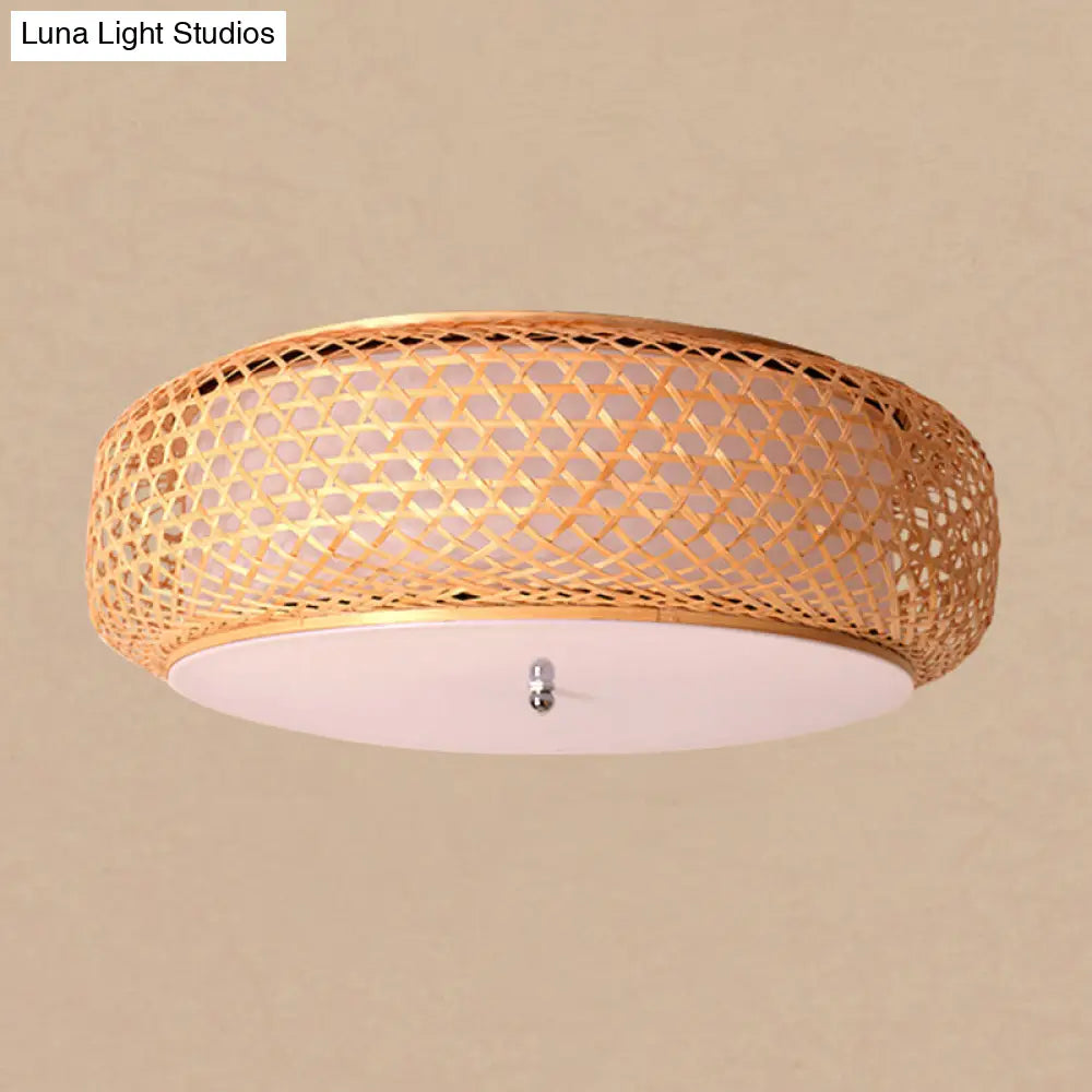 Modern Bamboo Flush Mount Ceiling Light Fixture For Dining Room - Wood Finish