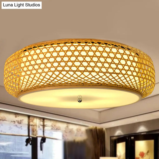 Modern Bamboo Flush Mount Ceiling Light Fixture For Dining Room - Wood Finish