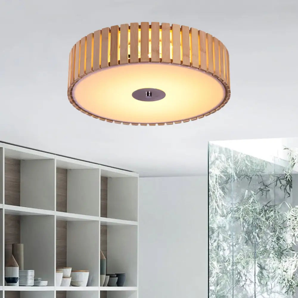 Modern Bamboo Flush Mount Led Ceiling Light 15’/19’ W Beige Drum Shade Fixture For Living Room / 15’