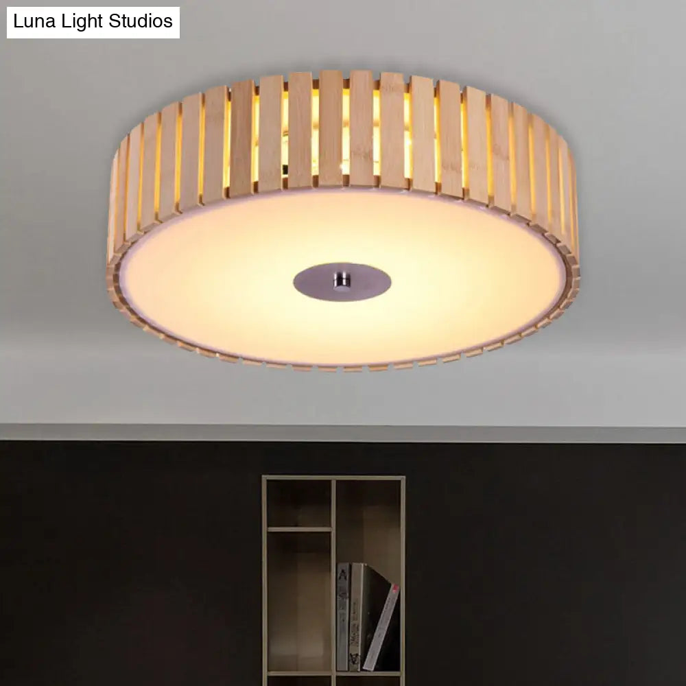 Modern Bamboo Flush Mount Led Ceiling Light 15/19 W Beige Drum Shade Fixture For Living Room