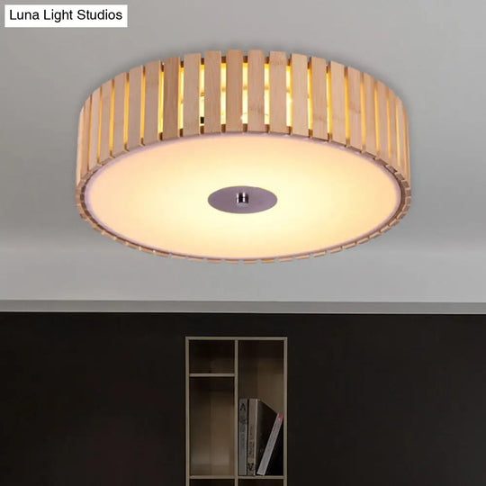 Modern Bamboo Flush Mount Led Ceiling Light 15’/19’ W Beige Drum Shade Fixture For Living Room