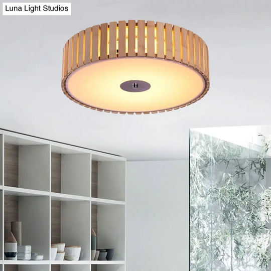 Modern Bamboo Flush Mount Led Ceiling Light 15/19 W Beige Drum Shade Fixture For Living Room / 15