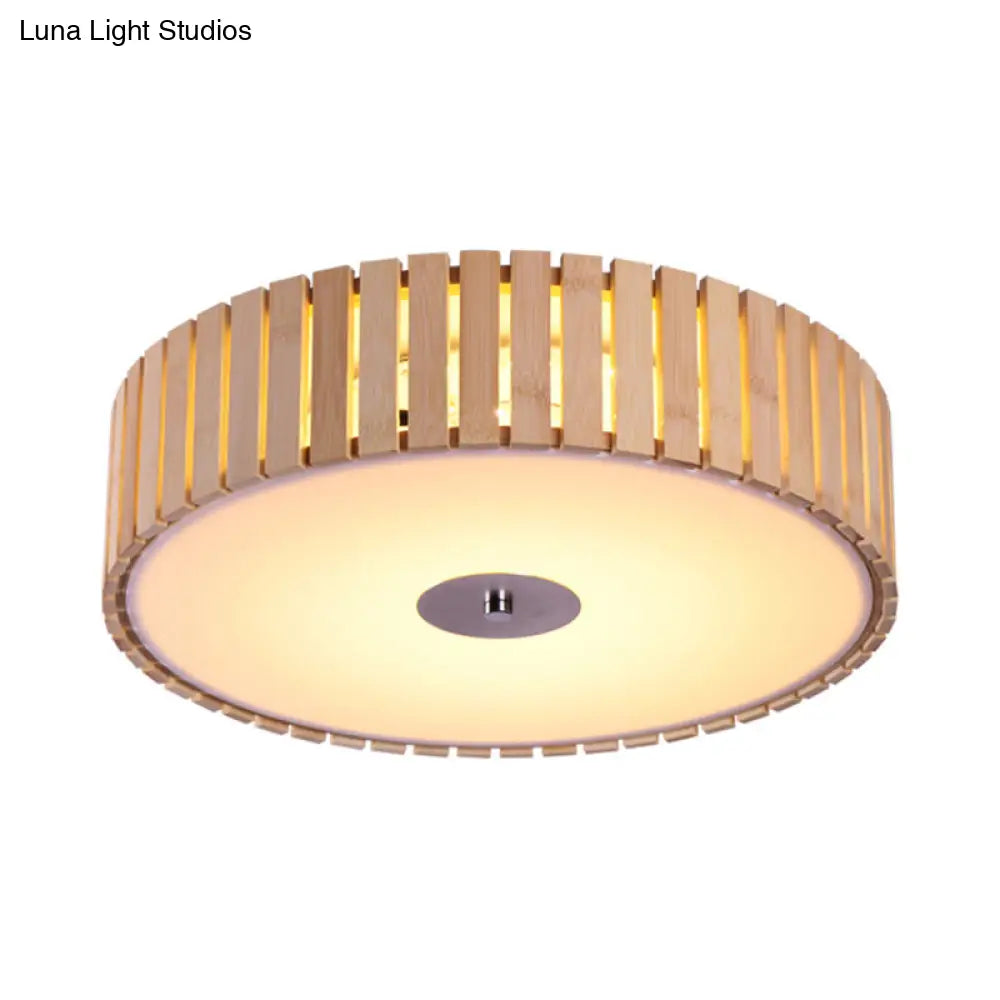 Modern Bamboo Flush Mount Led Ceiling Light 15/19 W Beige Drum Shade Fixture For Living Room